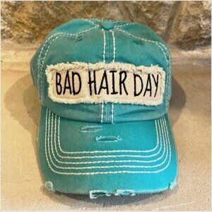 NEW Bad Hair Day Women’s Baseball Cap Hat Teal Distressed Patch